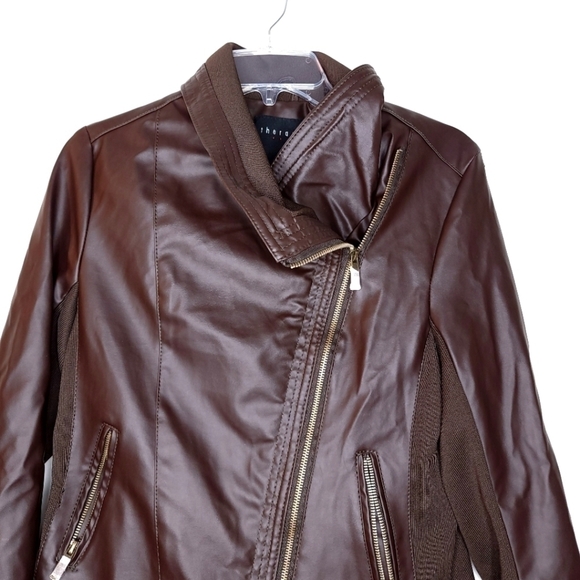THERAPY women's m faux leather vegan friendly brown asymmetrical zipper jacket - Picture 2 of 12
